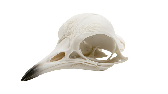 Detailed white bird skull with sharp beak, isolated on transparent background