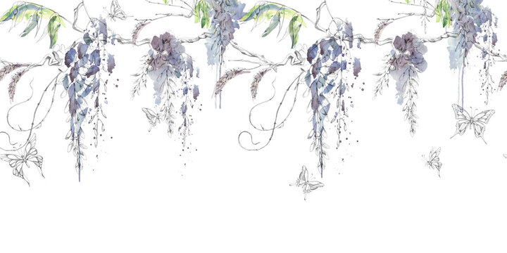 Elegant wisteria inflorescence, leaves on gnarled branches, flower spring buds with organic texture, flowing structure. Hand drawn pencil and watercolor seamless banner. Herbal branding, wall decor.