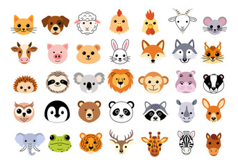 Obraz premium Cute animal faces collection featuring 35 cartoon animal head icons in a modern flat style. Vector setю Farm animals, wild animals, birds, and forest animals. Children's books, stickers, print design.