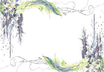 Botanical border of flowering wisteria racemes cascades and climbing tendrils with soft color transitions. Pencil and watercolor illustration. Lifestyle magazines, invitations, packaging, home decor. © Elena