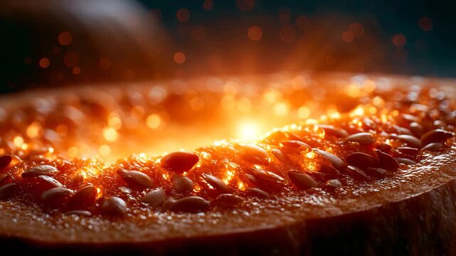 Macro Close Up of Freshly Carved Pumpkin with Candle Glow