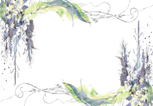 Botanical border of flowering wisteria racemes cascades and climbing tendrils with soft color transitions. Pencil and watercolor illustration. Lifestyle magazines, invitations, packaging, home decor.