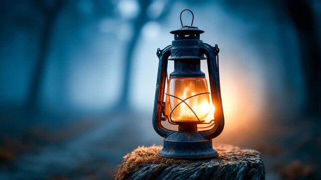 Antique Lantern Glowing on Foggy Forest Path at Night