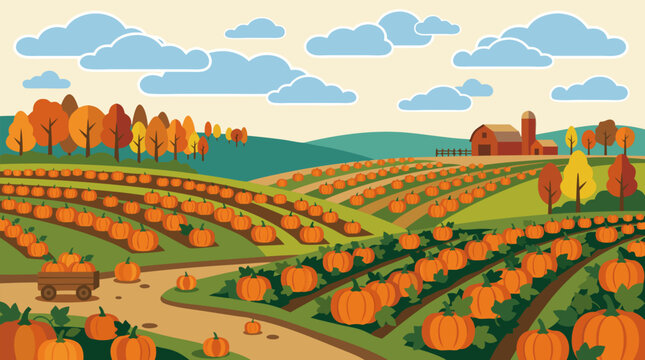 Vast scenic pumpkin patch filled with rows of ripe orange pumpkins on rolling green hills under cloudy autumn sky with distant barn and colorful trees ideal for fall harvest seasonal decoration and