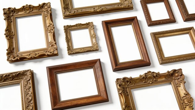 A collection of elegant empty vintage picture frames in various rectangular and square sizes, featuring ornate carved wooden and antique gold designs with intricate floral and classical decorative det