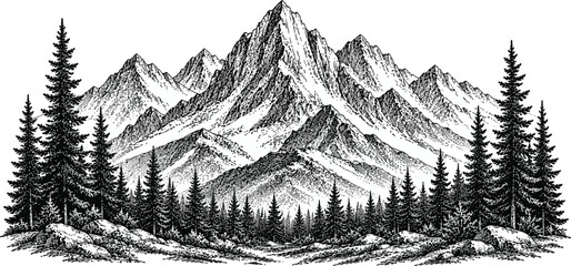 Black and white sketch of mountains and pine trees © Graphiqomas