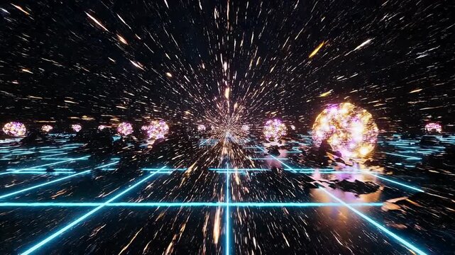 Neon energy spheres explode over glowing grid, kaleidoscopic particle clusters and shimmering reflections create cinematic futuristic spectacle with accelerating motion and radiant sparks