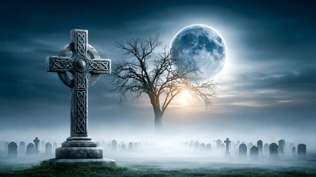 Old Haunted Cemetery with Tombstones and Celtic Cross in Fog