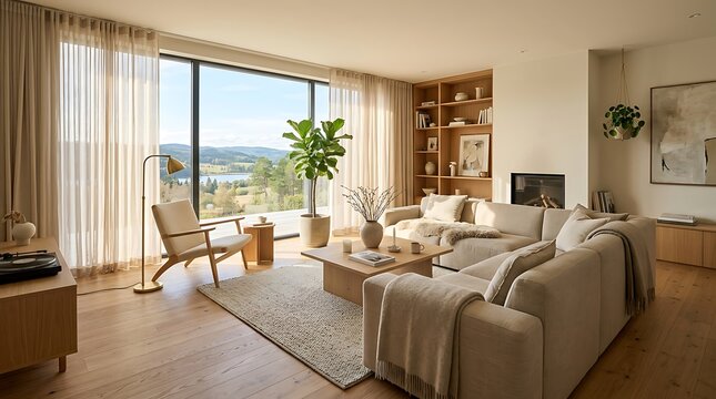 Modern Japandi living room interior with cozy beige sofa, wooden furniture, and scenic nature view through large windows