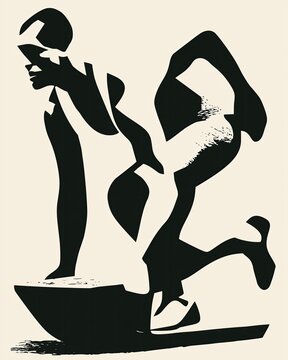 Minimal graphic vector illustration of a sled push with an abstract athlete silhouette, bold dynamic shapes and fitness competition theme, isolated on white.