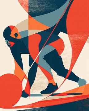 Minimal graphic vector illustration of a sled push with an abstract athlete silhouette, bold dynamic shapes and fitness competition theme, isolated on white.