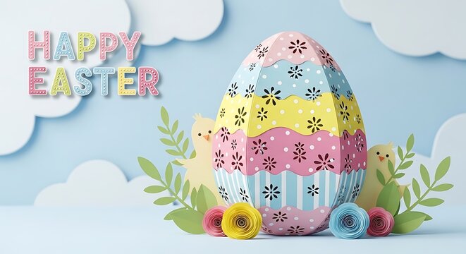 Happy Easter greeting card with colorful paper craft egg and floral decorations on blue background.