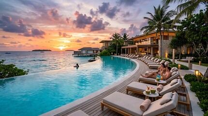Fototapeta premium Luxury tropical resort with infinity pool at sunset overlooking the ocean, with couples relaxing on lounge chairs
