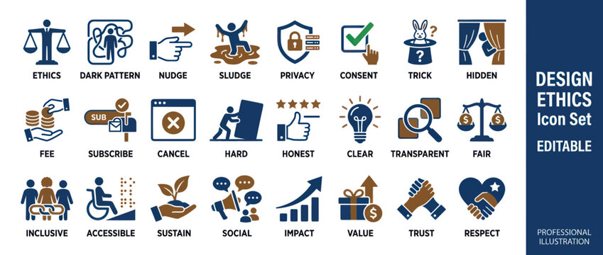 Design Ethics Icon Set: Trust, Fairness, Transparency, Privacy, Inclusivity