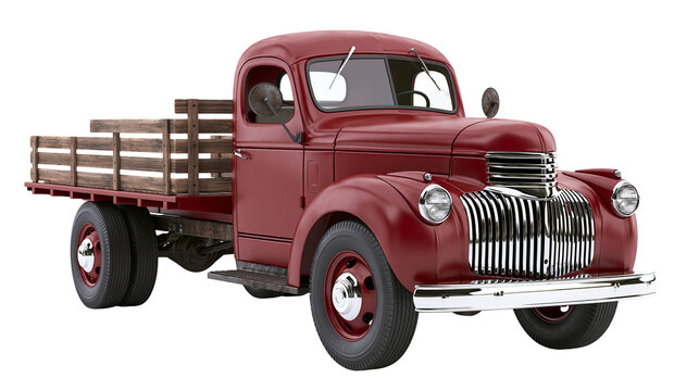 Vintage red flatbed truck with wooden cargo bed, isolated on transparent background