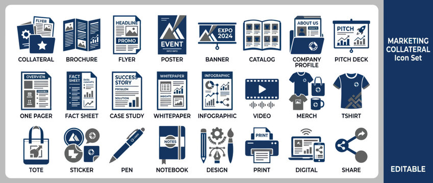 Marketing Collateral Icon Set: Branding, Promotion, Business Tools, Digital Media