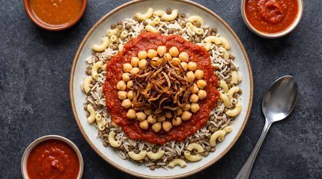 Authentic Egyptian Kushari with rice pasta lentils and crispy fried onions overhead flat lay.