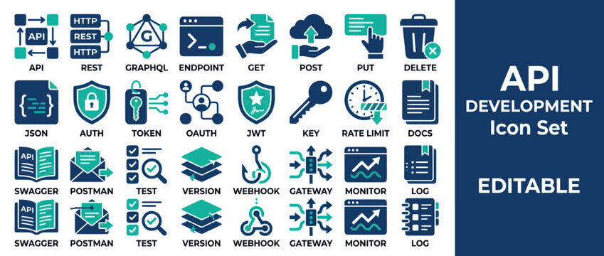 API Development Icon Set: REST, JSON, OAuth, Gateway, Monitor, Webhook
