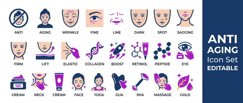 Anti Aging Skincare Icons Set: Wrinkles, Firmness, Collagen, Retinol, Peptide, Massage