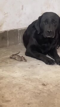 Black labrador dog sitting on concrete floor with dead mouse