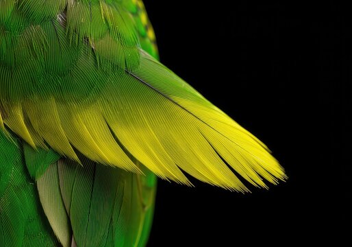 A delicate green and yellow parakeet feather captured in extreme close-up, highlighting the intricate natural texture and vivid avian coloration ,green ,fluffy ,animal