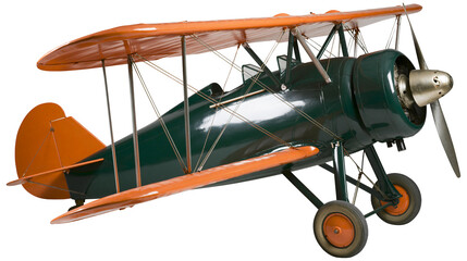Vintage biplane with orange wings and tail dark green fuselage, isolated on transparent background © Noah