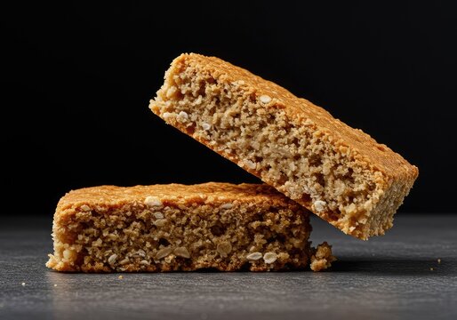 A generous portion of a golden baked oat flapjack bar, rich with texture, offering a hearty and satisfying sweet treat ,homemade ,closeup ,comfort food