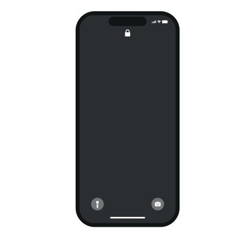 Black smartphone lock screen mockup with interface icons isolated on white background; mobile phone display with padlock, camera, flashlight template flat vector element