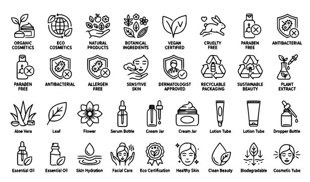 Organic Cosmetic Outline Icon Set with Eco Beauty Vegan Paraben Free Editable Stroke Vector Collection