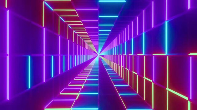 Futuristic Neon Tunnel with Vibrant Colored Lighting and Geometric Patterns in Dark Setting