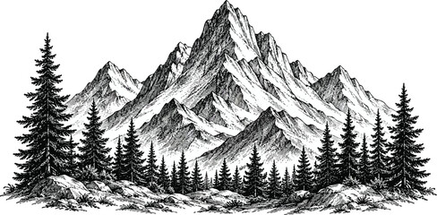 Black and white mountain range with pine forest © Graphiqomas