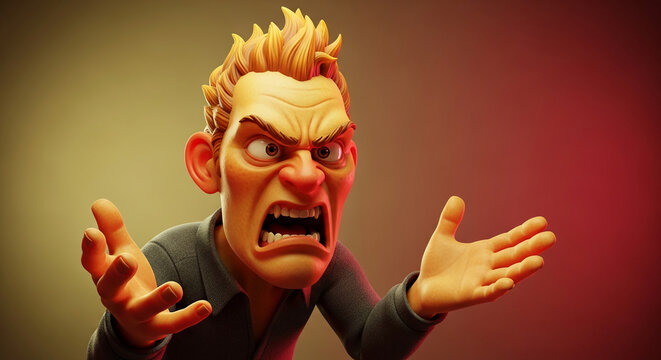 Cartoon character with exaggerated angry expression, wide mouth, and raised hands, symbolizing frustration, rage, or intense emotion, often used for relatable comic situations