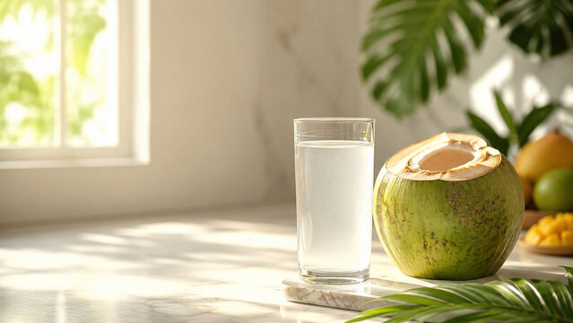 Fresh young coconut water in a glass with tropical fruit and monstera leaf background tropical beverage refreshing nutritious monstera