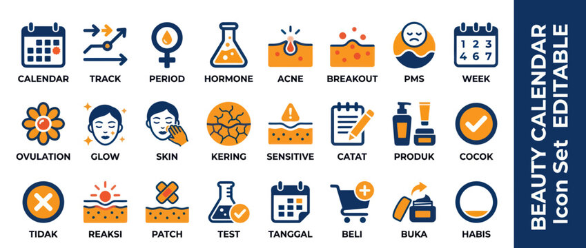 Beauty Calendar Icon Set: Skincare, Period, Acne, Ovulation, Hormones, Products