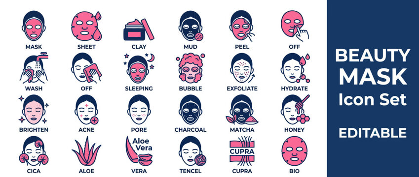 Beauty Mask Icon Set: Skincare, Facial Treatments, Ingredients & Application