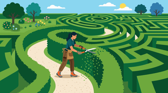 Skilled gardener pruning a lush hedge maze into a clear winding pathway, sunny formal garden with geometric labyrinth, flowers and trees, clean colorful vector illustration of landscaping work