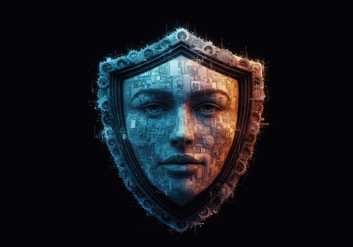 An abstract digital shield composed of intricate gears and protective layers, symbolizing emotional resilience and security against disappointment ,guarding ,immunity ,rejection