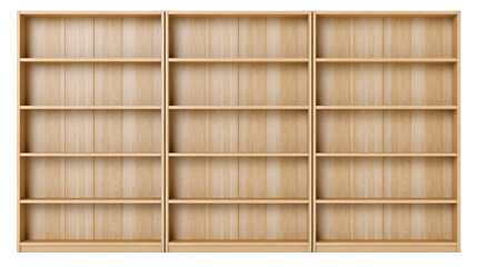 Three tall empty light wood bookshelves with multiple shelves, isolated on transparent background © Lukas