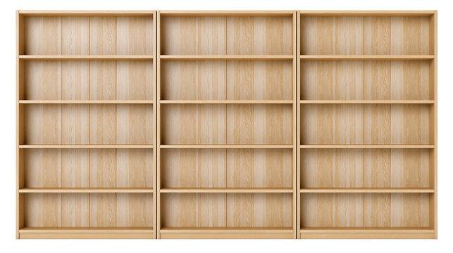 Three tall empty light wood bookshelves with multiple shelves, isolated on transparent background