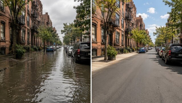 Flooded urban street and dry city street after drainage