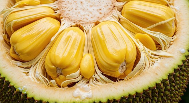 Close up of fresh yellow jackfruit pods interior.