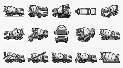 Obraz premium Industrial Black and White Sketches of Various Concrete Mixer Trucks and Construction Vehicles with high quality professional line art symbols for modern creative design and digital branding projects