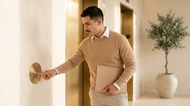 Generative AI, Latino businessman pressing elevator button in elegant hotel lobby