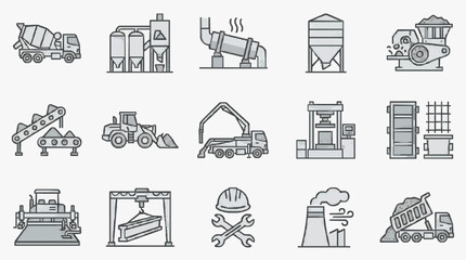 Industrial Construction Equipment and Machinery Icons Set in Monochromatic Line Art Style with high quality professional line art symbols for modern creative design and digital branding projects © jum