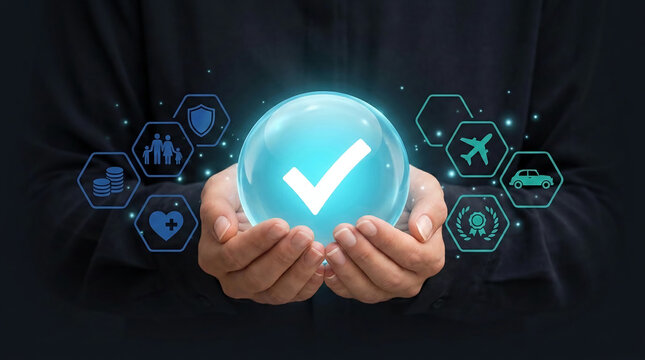Hands hold a glowing orb with a checkmark, surrounded by protective icons symbolizing security and comprehensive coverage, representing comprehensive protection and successful outcomes