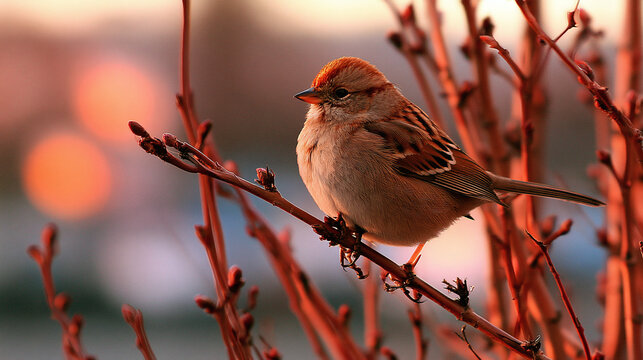 Little bird perches on rich red branches with warm bokeh background light