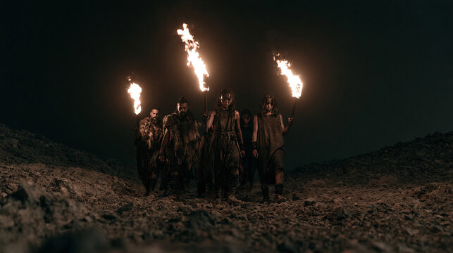 Group of ancient warriors with torches walk at night across rough terrain
