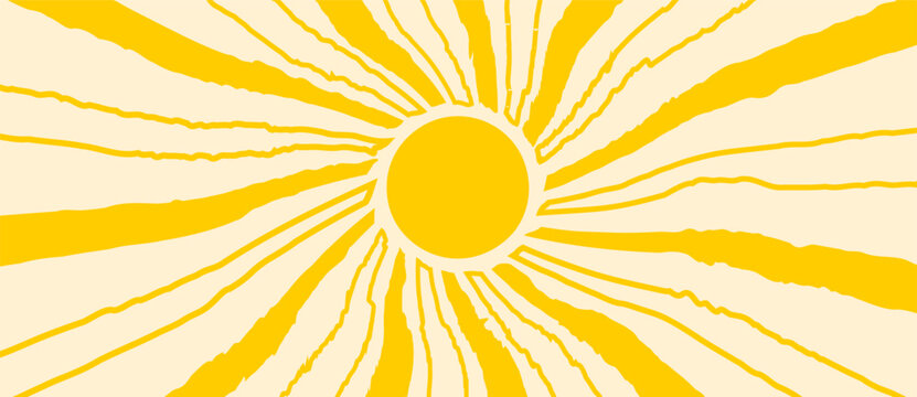Vintage sunburst poster with psychedelic rays and flowing curves. Warm orange and yellow geometric design featuring 70s-inspired radial stripes, boho art, and vibrant textures