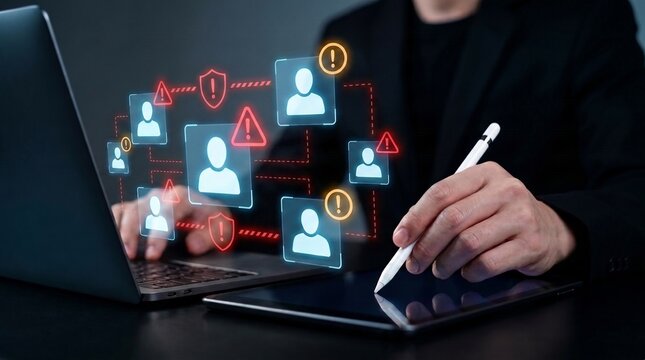 cybersecurity risk management and data protection network for unauthorized access prevention. digital interface showcasing profile security shields, warning notifications for suspicious behavior.