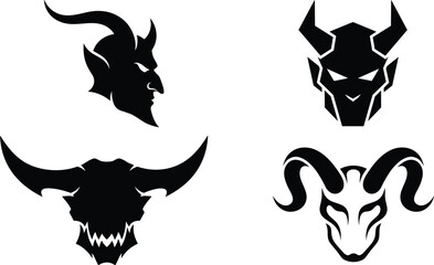 Horrific devil demon head mascot icons set featuring horned monster skulls and evil creature silhouettes for gaming logos © MSTNAJMA